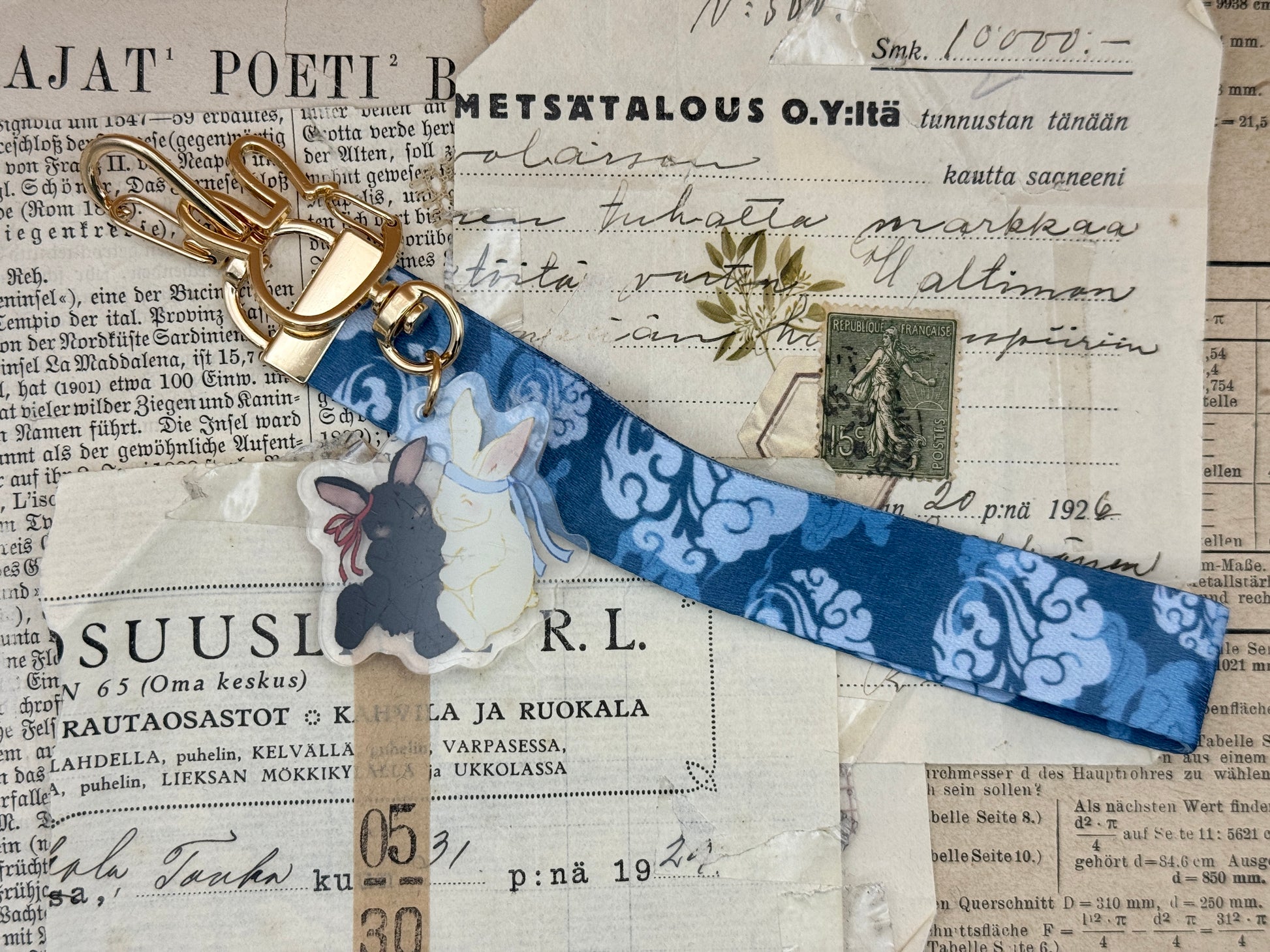 Gusu Pattern Lanyard Keychain with a pair of Wangxian Rabbits Flatlay