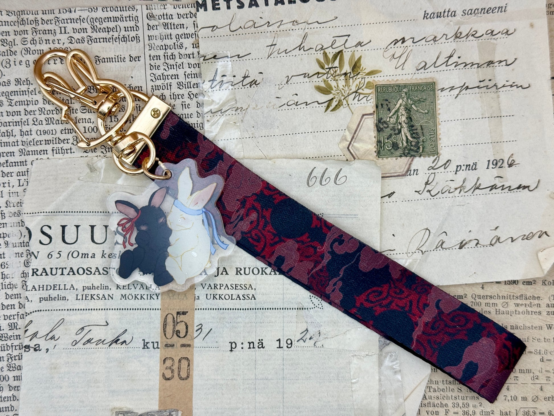 Yiling Pattern Lanyard Keychain with a pair of Rabbits Flatlay