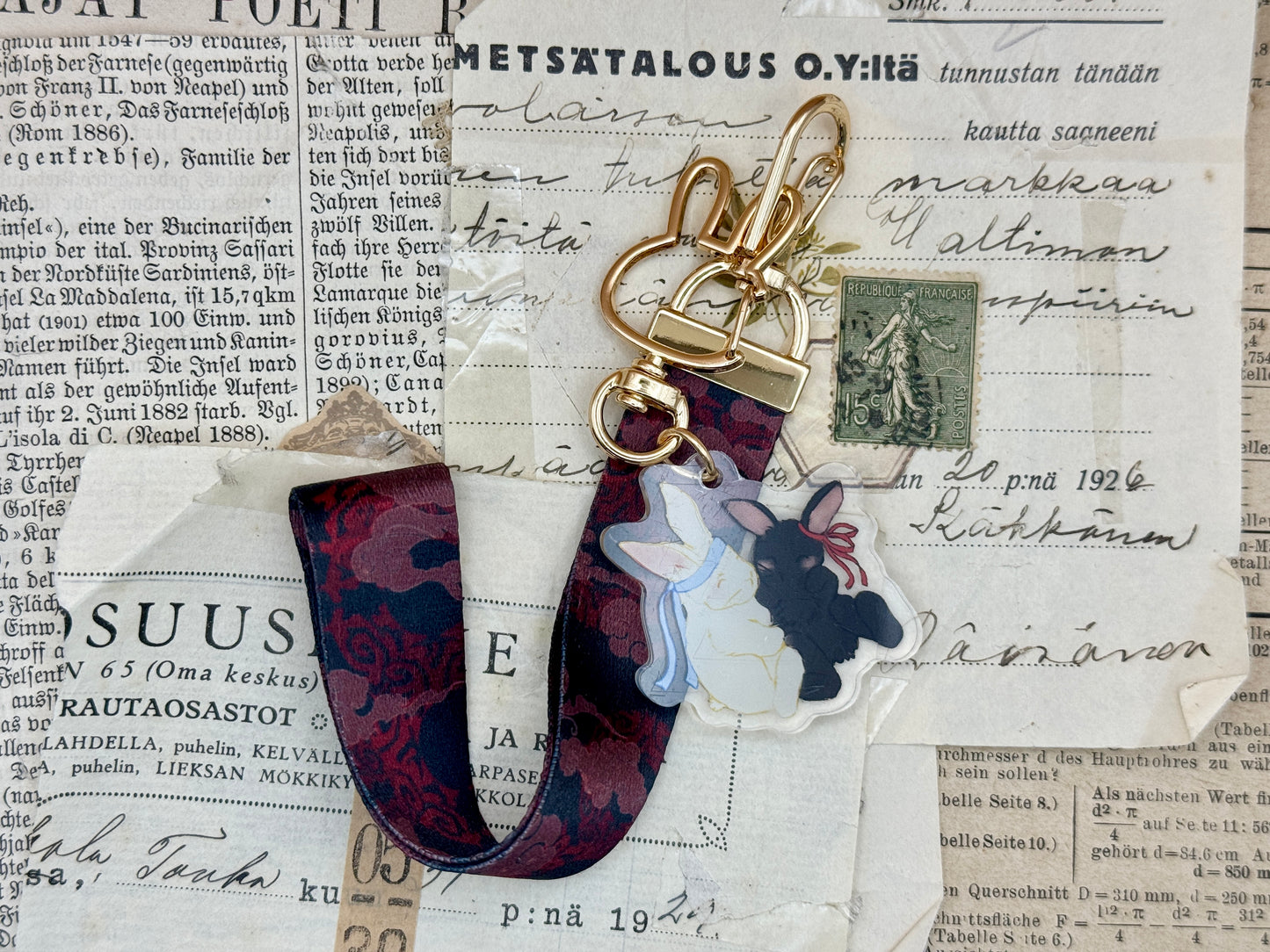 Yiling Pattern Lanyard Keychain with a pair of Rabbits 