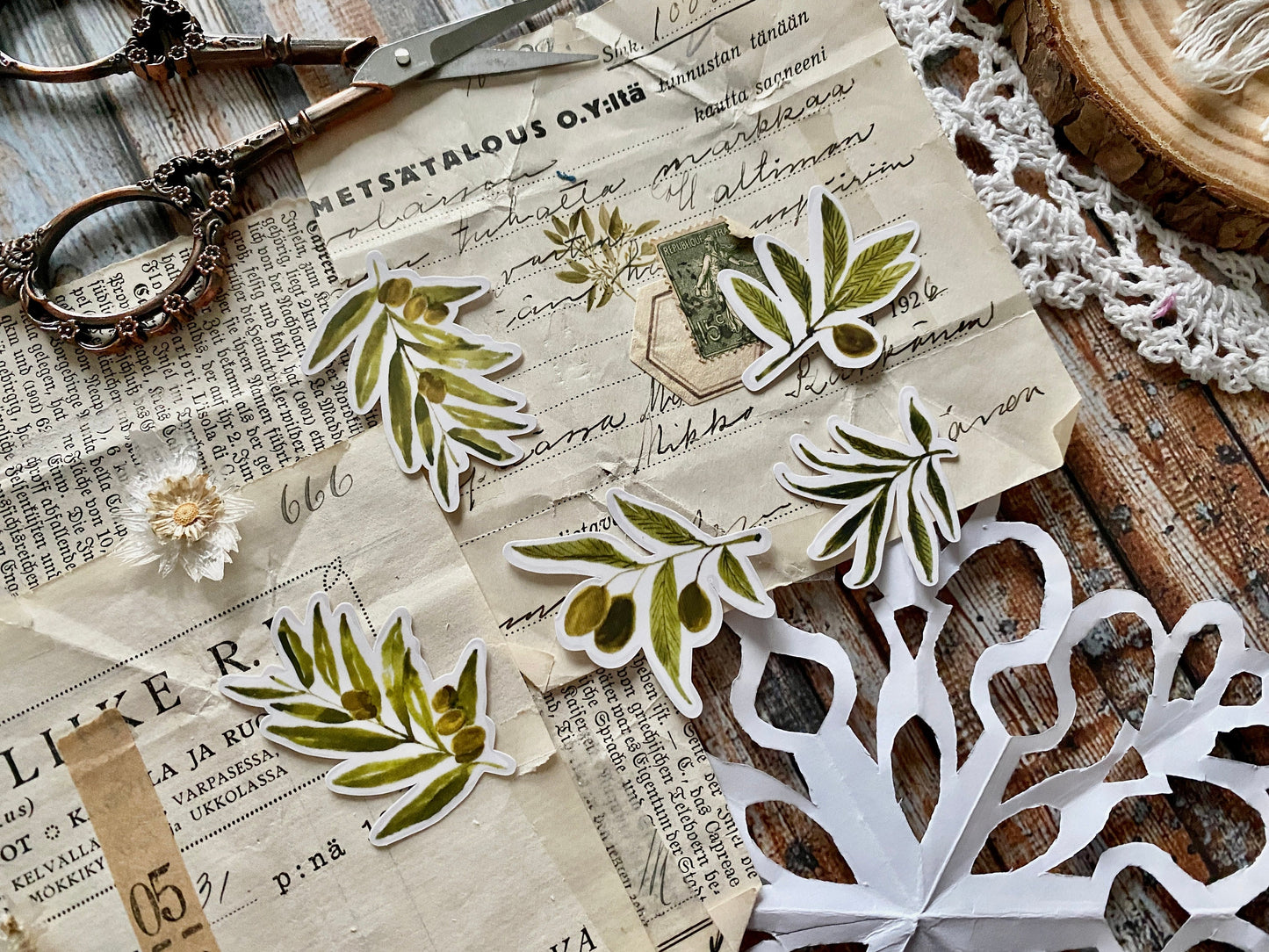 Watercolor Olive Leafs | Transparent Sticker Flakes